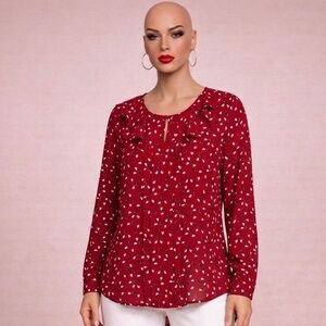 Liz Claiborne Heart Print Blouse Women’s Large Red Long Sleeve Top
